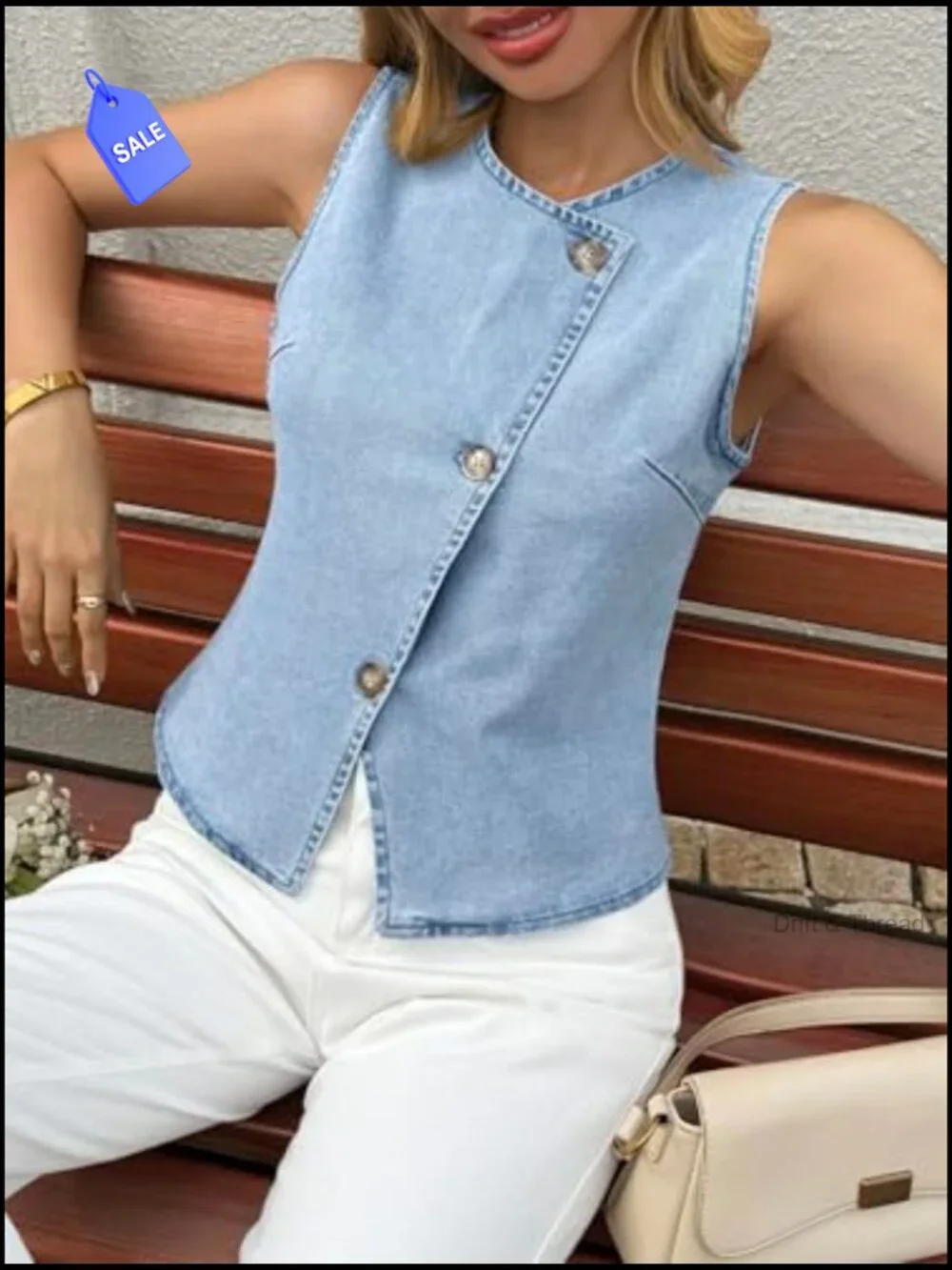 Sleeveless Jean Vest Tank Top Button Down Fitted Denim Waistcoat